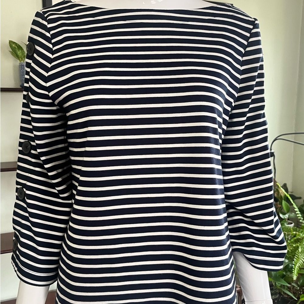 BANANA REPUBLIC Black & Navy  Stripe 3/4 Bell Sleeve Knit Nautical Size Medium